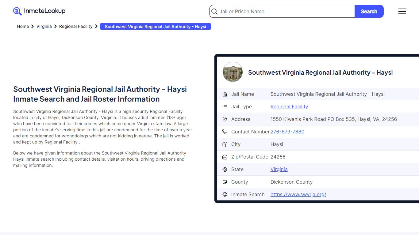 Southwest Virginia Regional Jail Authority - Haysi Inmate Search, Jail ...